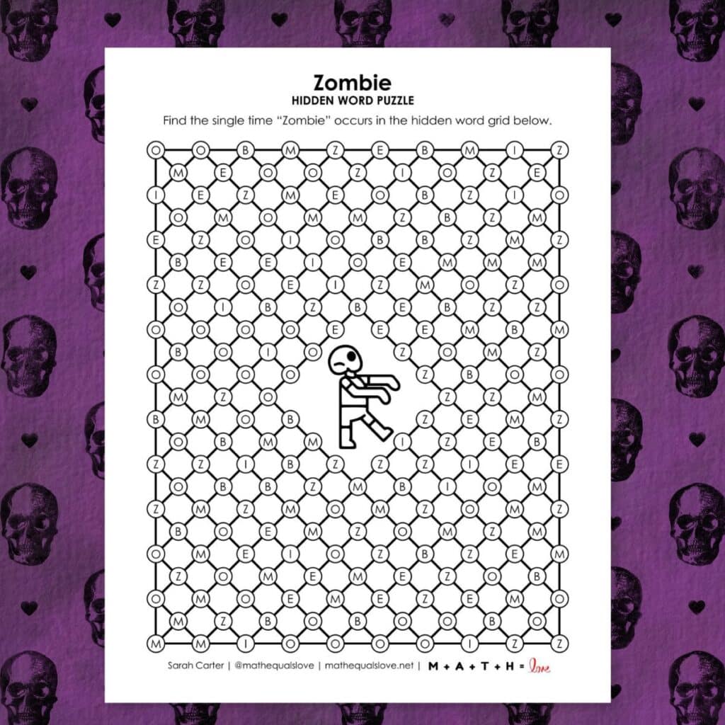 zombie hidden word puzzle for halloween.