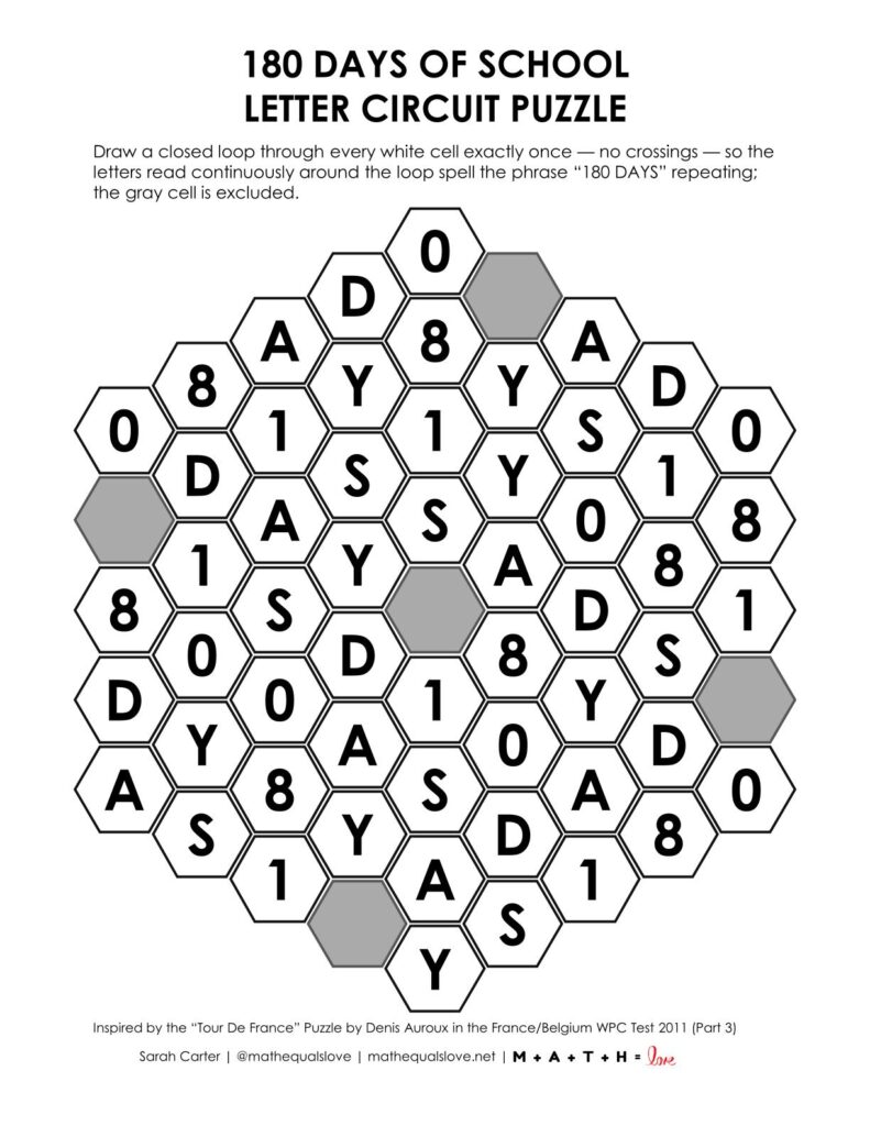 180 days of school letter circuit puzzle for the end of the school year.