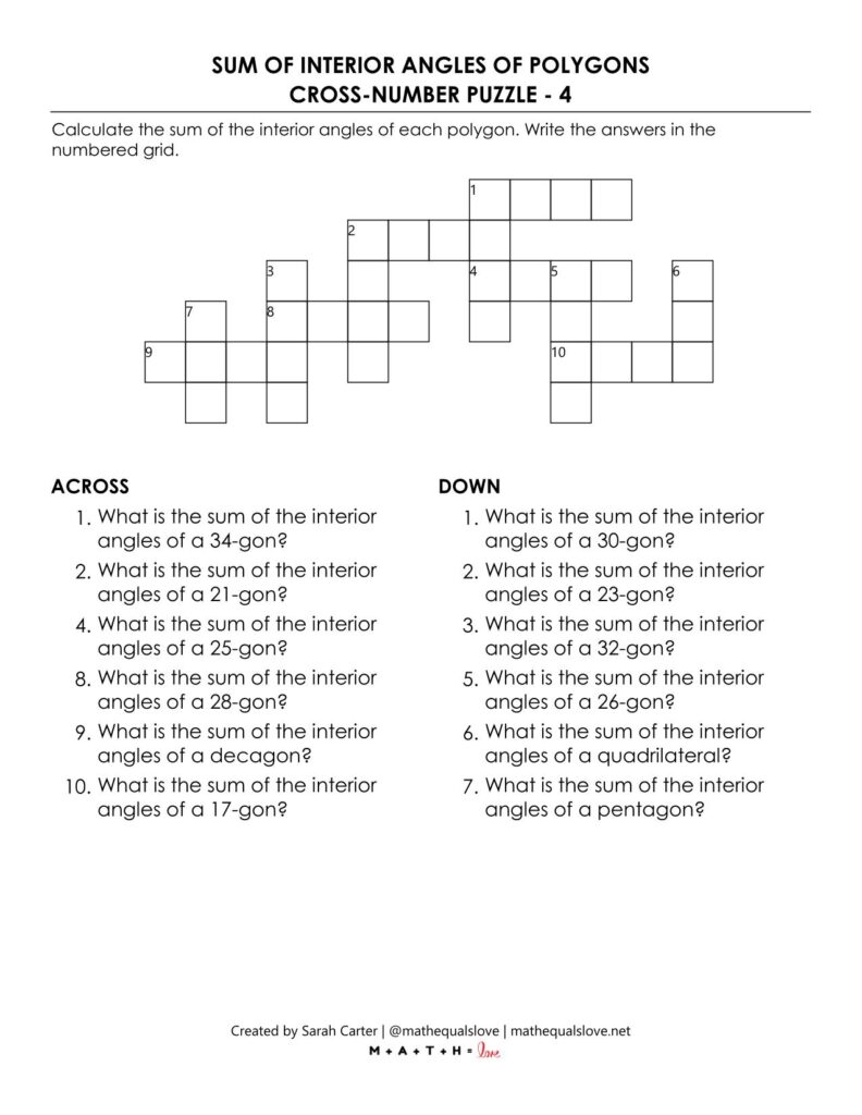 screenshot of sum of interior angles of polygons cross number puzzle worksheets.