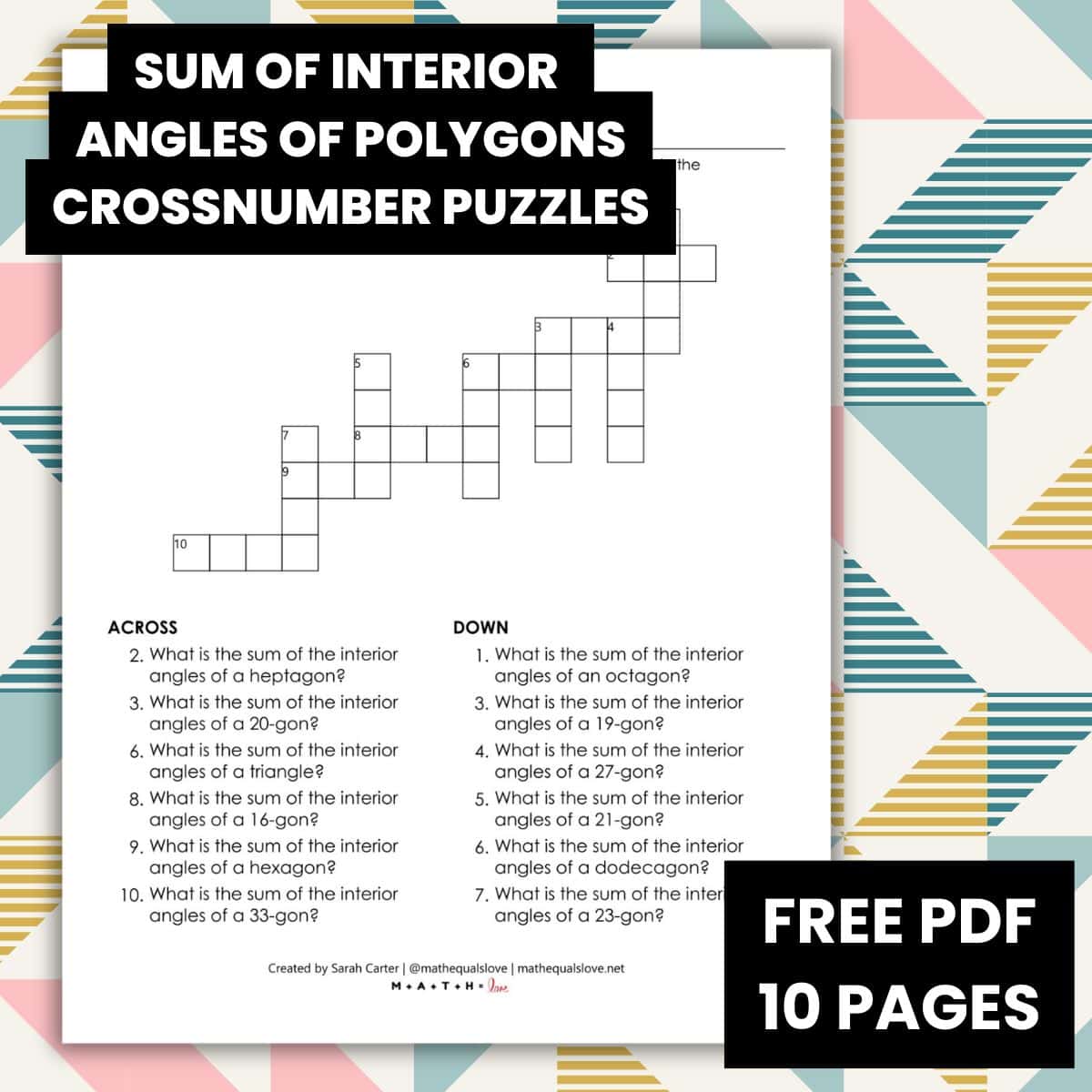 geometry sum of interior angles of polygons crossnumber puzzle worksheet activity.