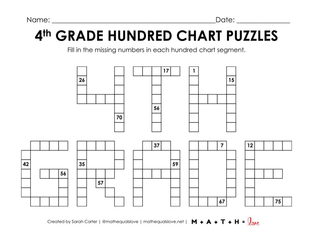 4th grade hundred chart puzzle worksheet.