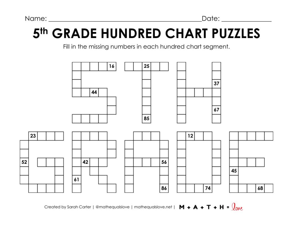 5th grade hundred char puzzle worksheet.