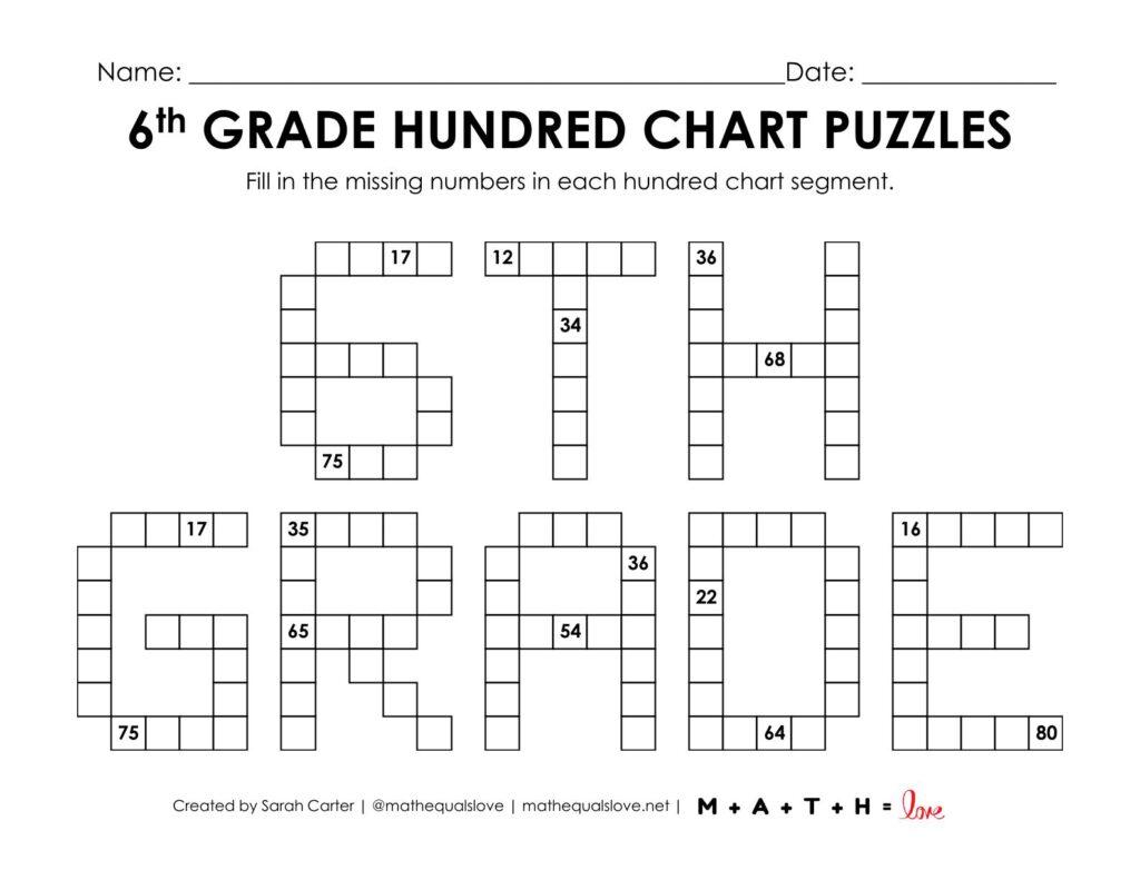 6th grade hundred chart math puzzle worksheet.