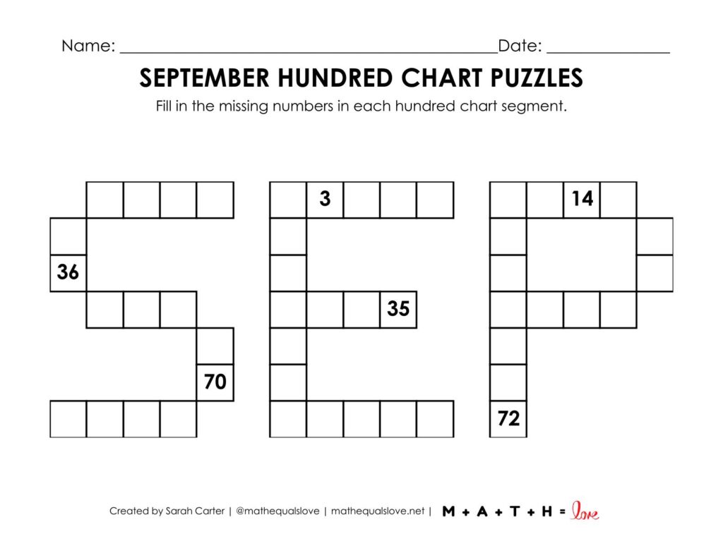 september hundred chart puzzle worksheet.
