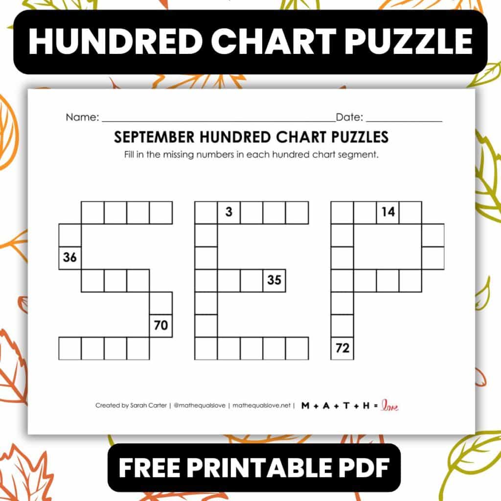 september hundred chart puzzle worksheet.
