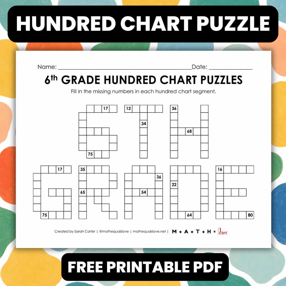 6th grade hundred chart puzzle worksheet.
