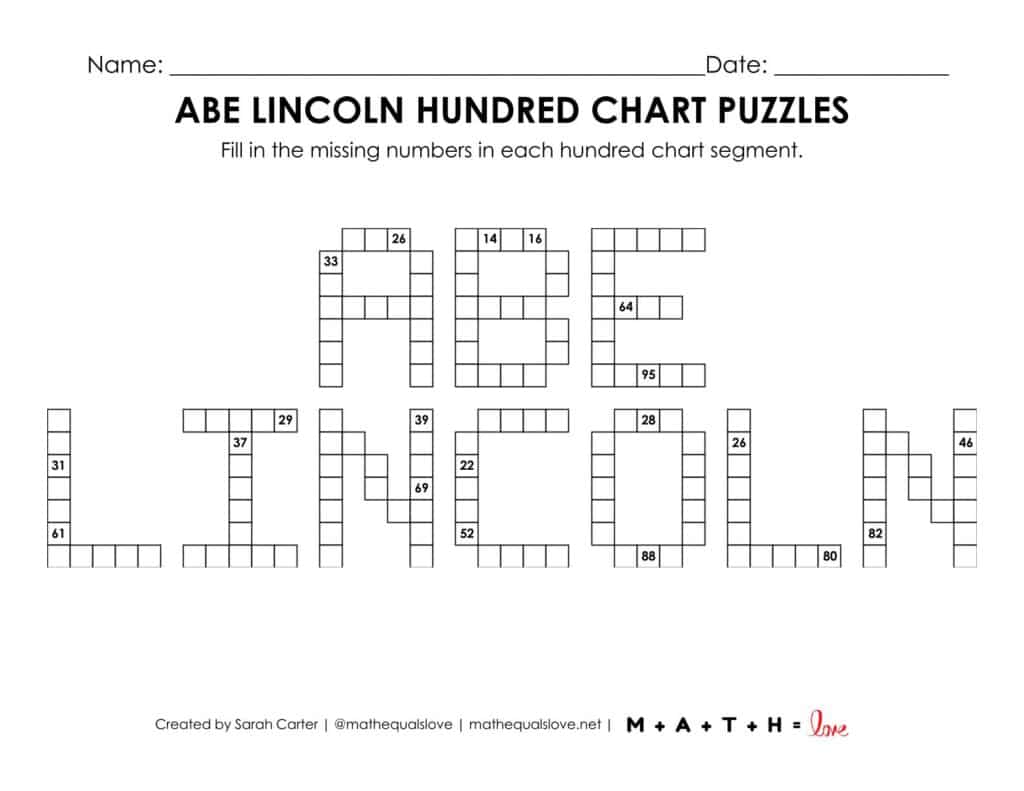 abe lincoln hundred chart puzzle worksheet.