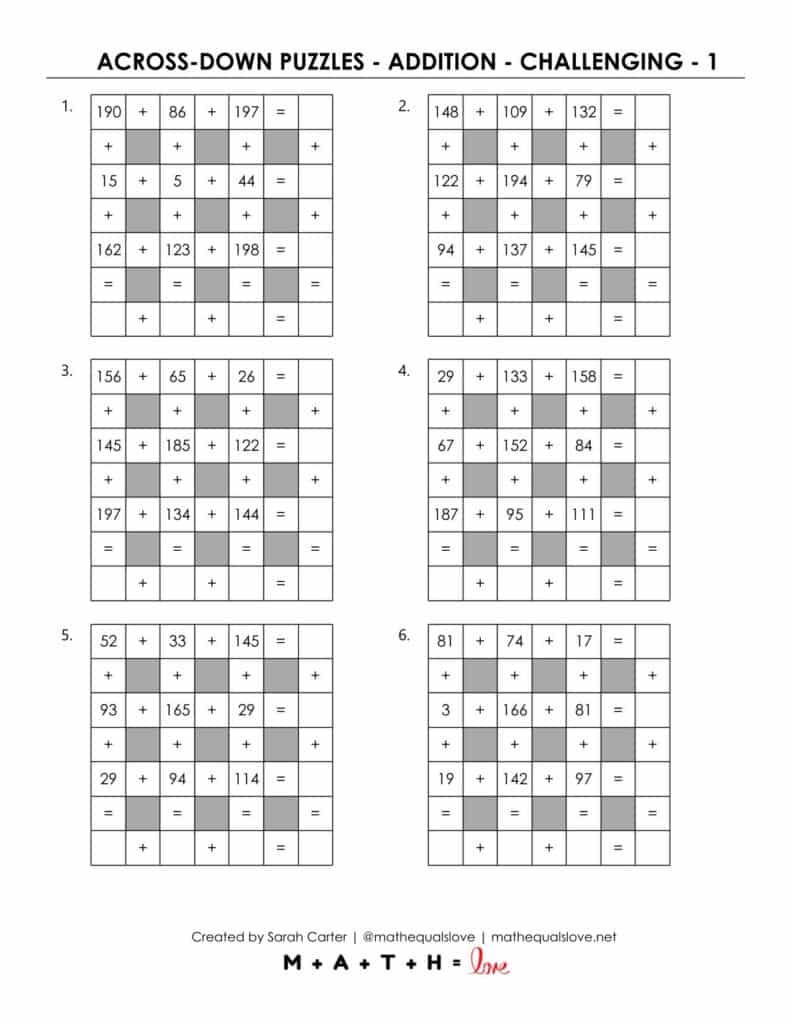 challenging level of across-down addition puzzles.