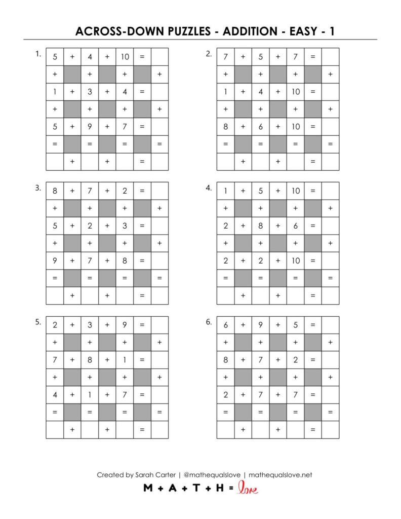easy level of across-down addition puzzles.