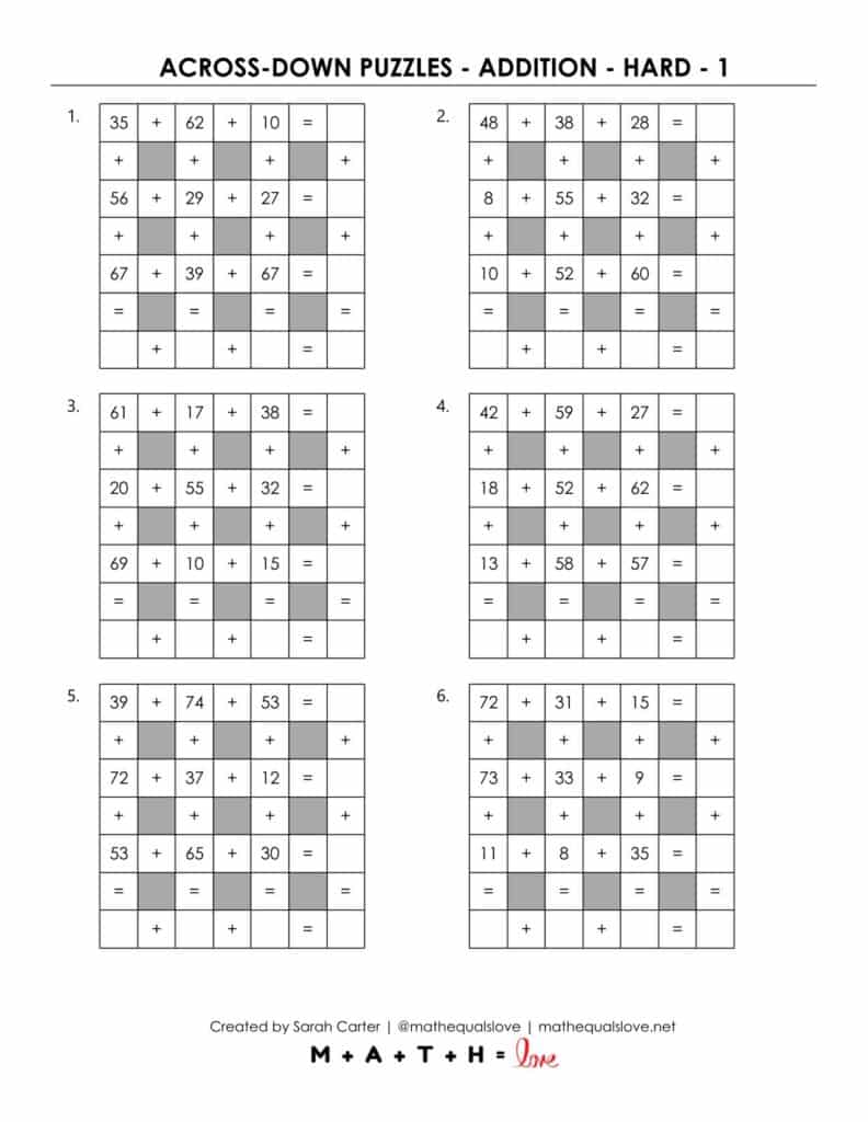 hard level of across down addition puzzles.
