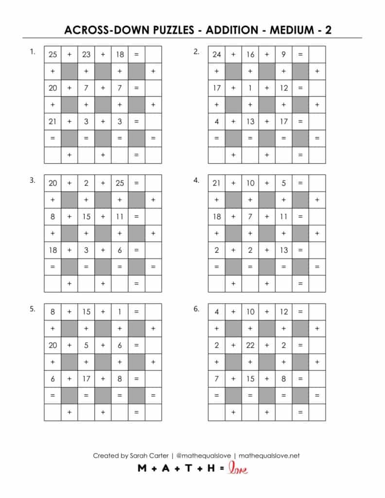 medium level of across-down addition puzzles.