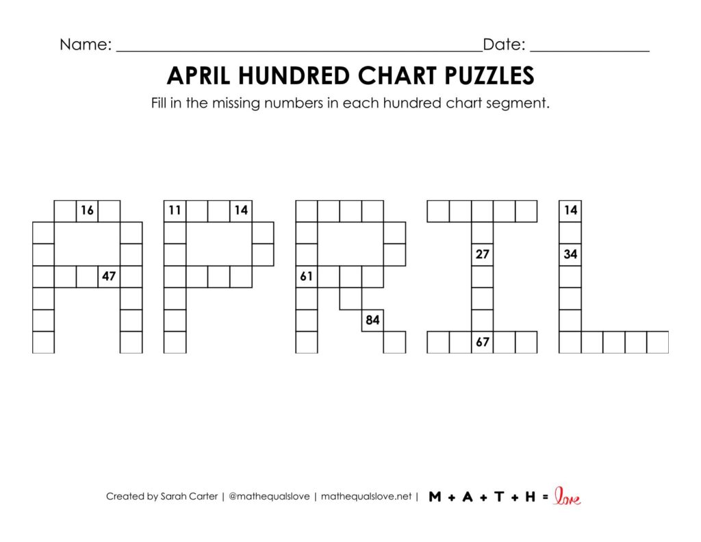 april hundred chart math puzzle worksheet.