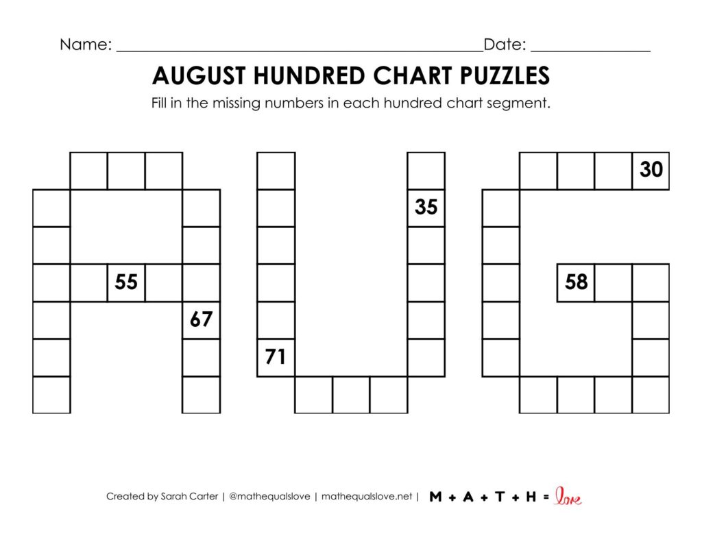 august hundred chart puzzle worksheet.