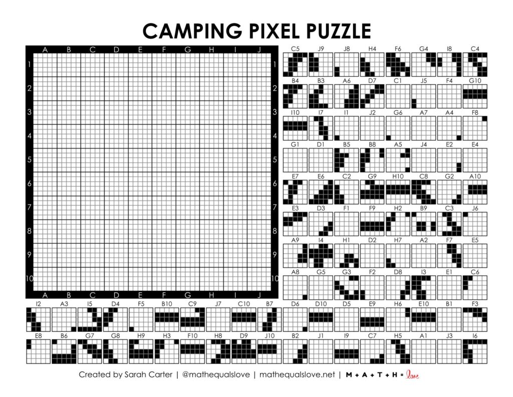 screenshot of camping pixel puzzle worksheet.