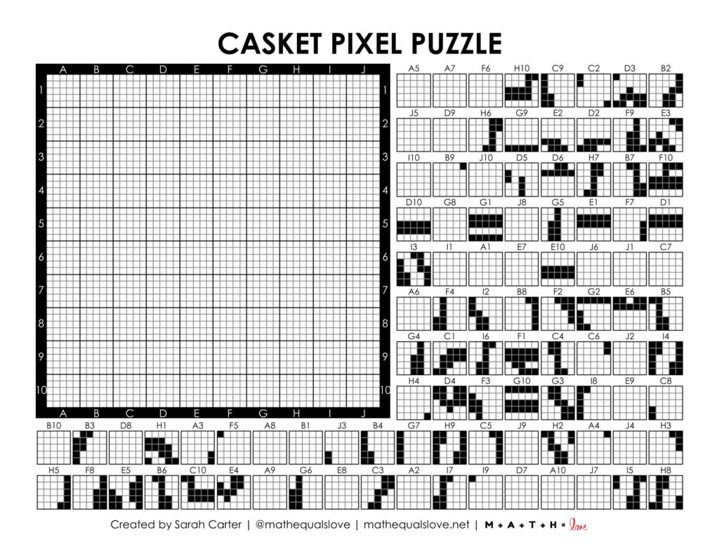screenshot of spooky casket pixel puzzle worksheet for halloween.