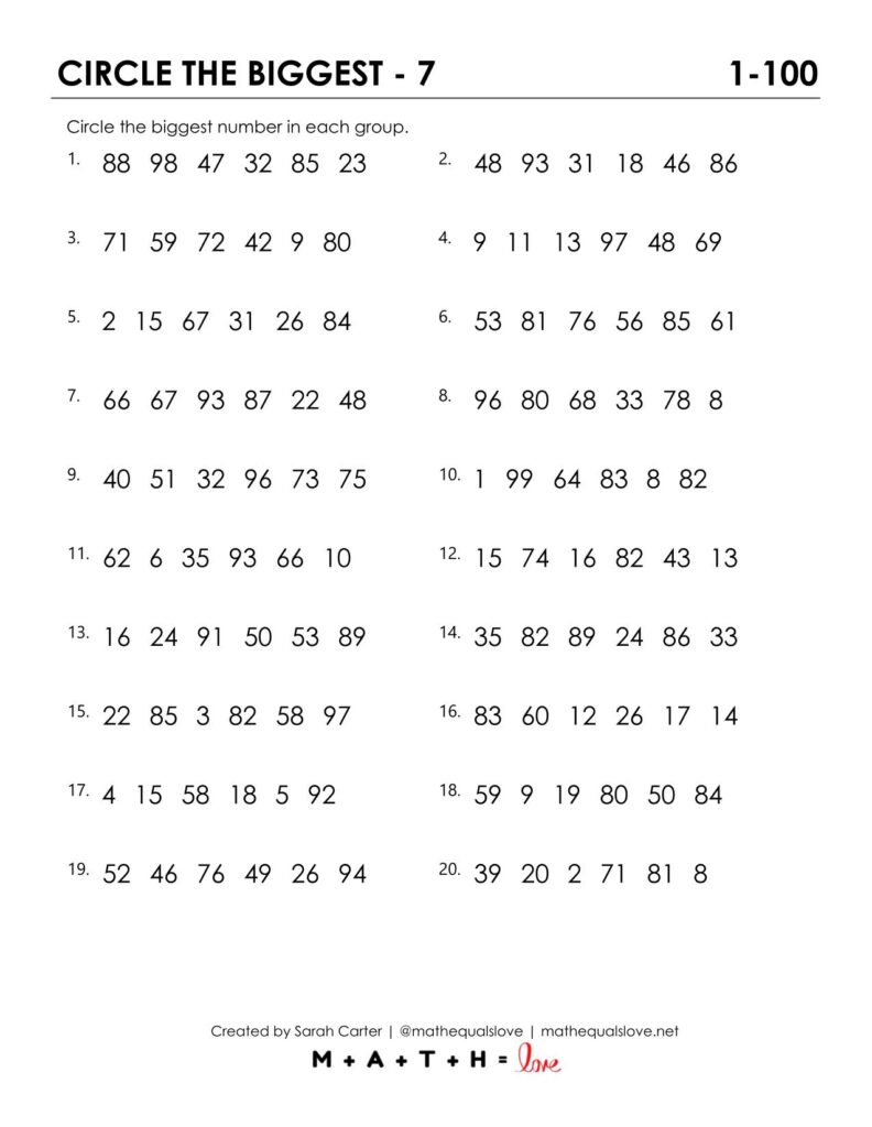 circle the biggest number worksheet 1-100
