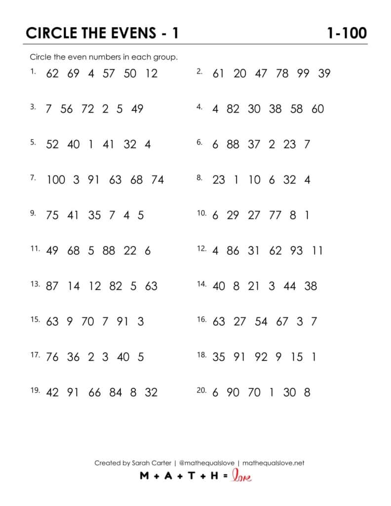 circle the evens worksheet.