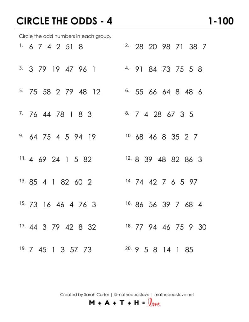 circle the odd numbers worksheet.