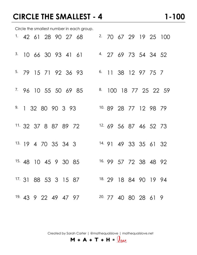 circle the smallest number worksheet.