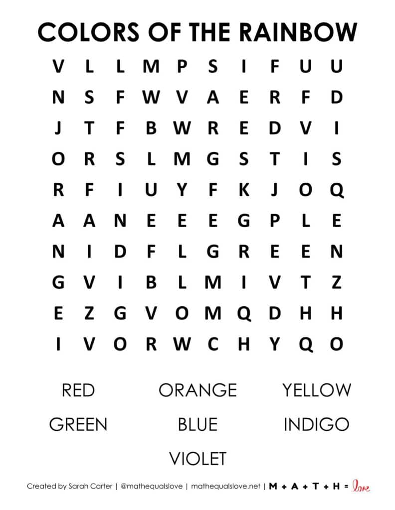 screenshot of colors of the rainbow easy word search puzzle.