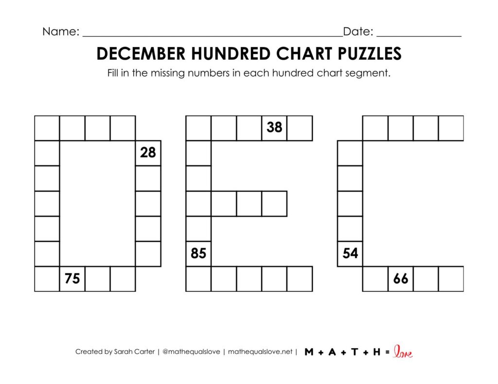 screenshot of december hundred chart puzzle worksheet.