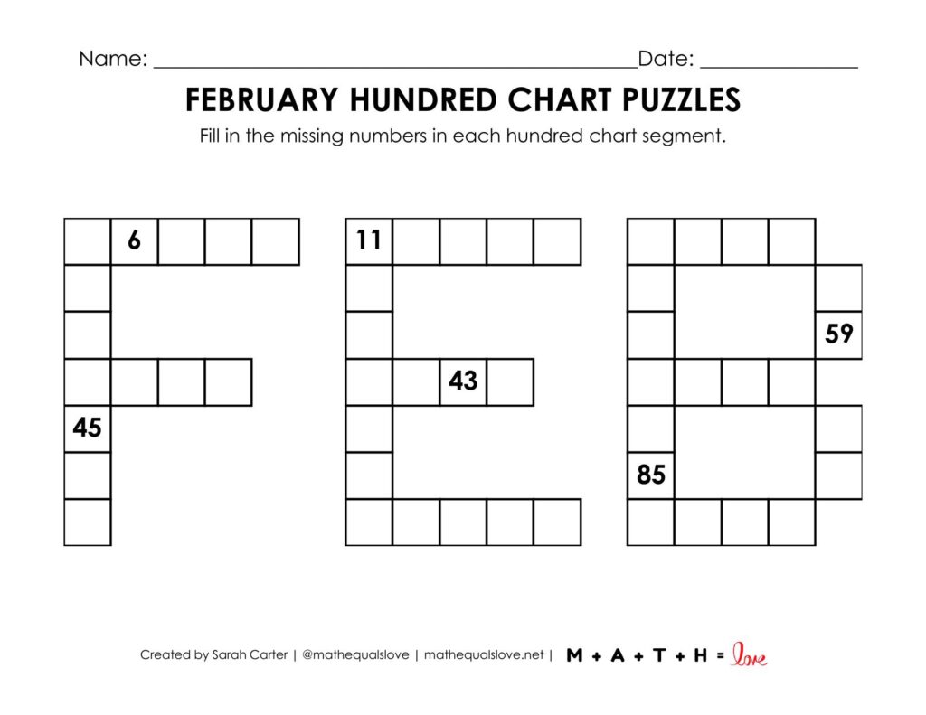 screenshot of february hundred chart puzzles.