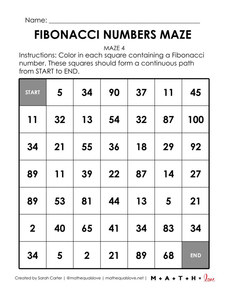 screenshot of fibonacci numbers math maze worksheet.