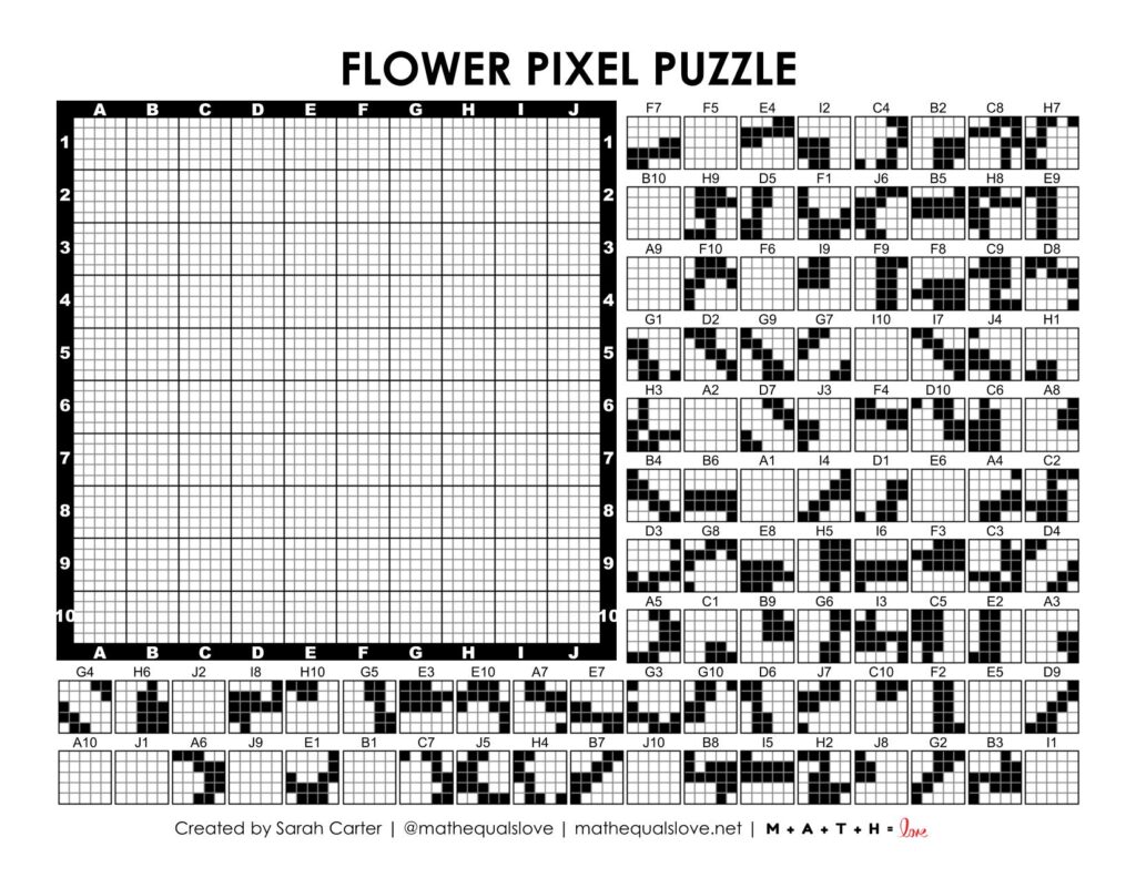 screenshot of flower pixel puzzle worksheet.