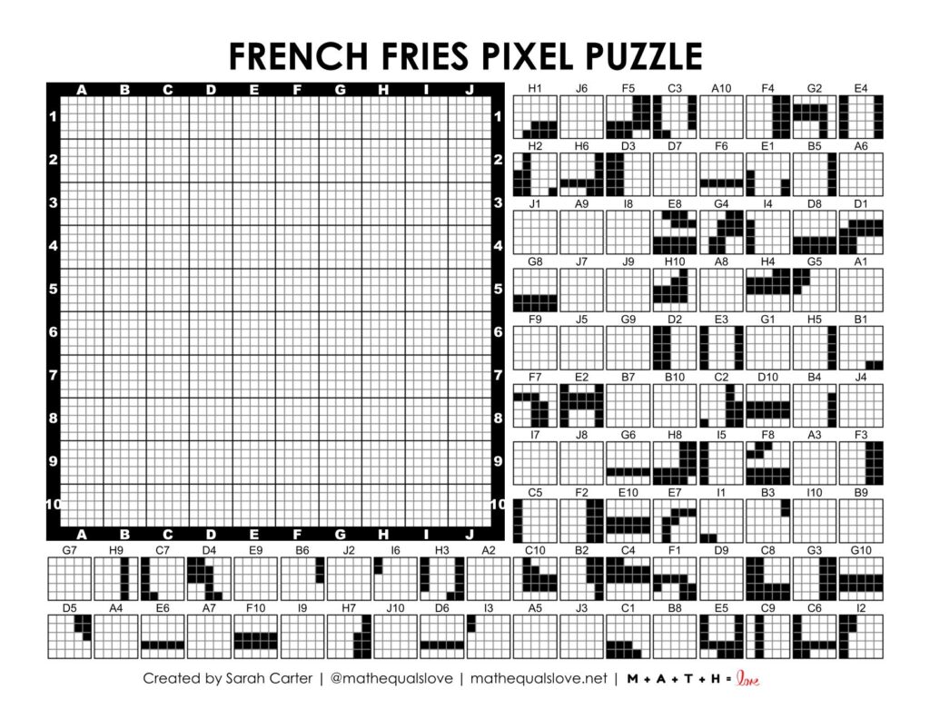 screenshot of french fries pixel puzzle worksheet.