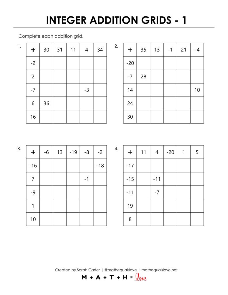 adding integers grid worksheet for pre-algebra.