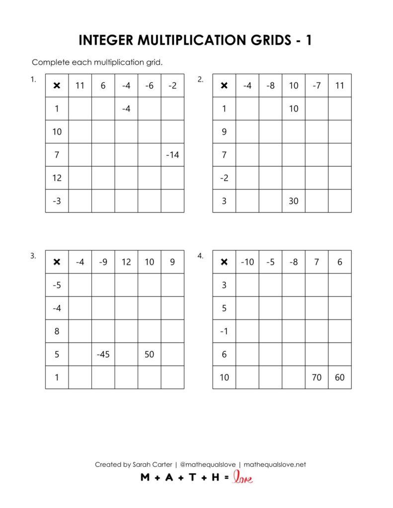 integer multiplication grid worksheets.