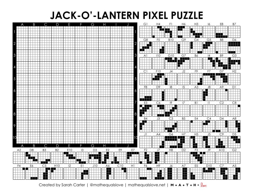 jackolantern pixel puzzle worksheet for halloween.