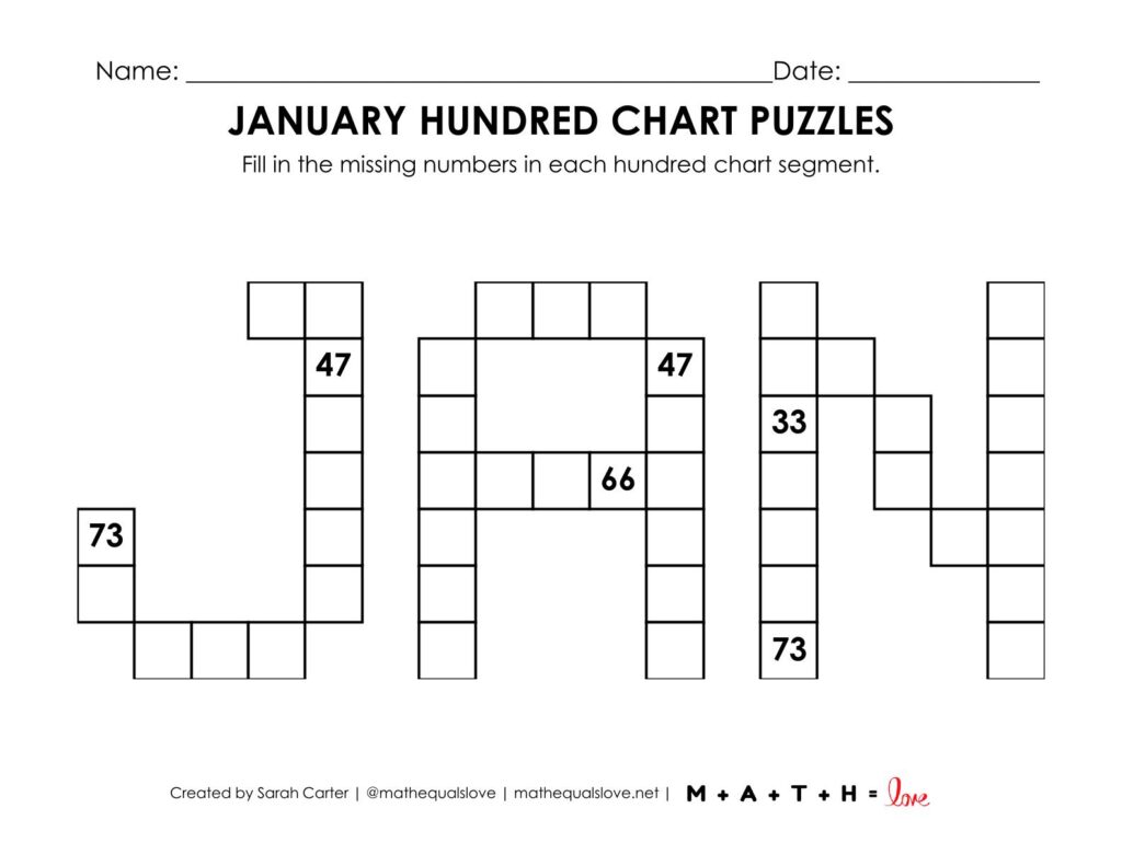 screenshot of january hundred chart math puzzle worksheet.