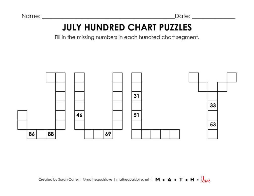 screenshot of july hundred chart puzzle.