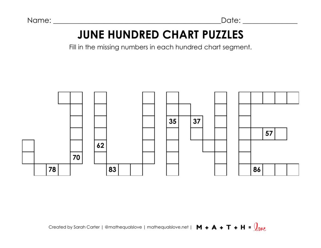 screenshot of june hundred chart puzzle worksheet.