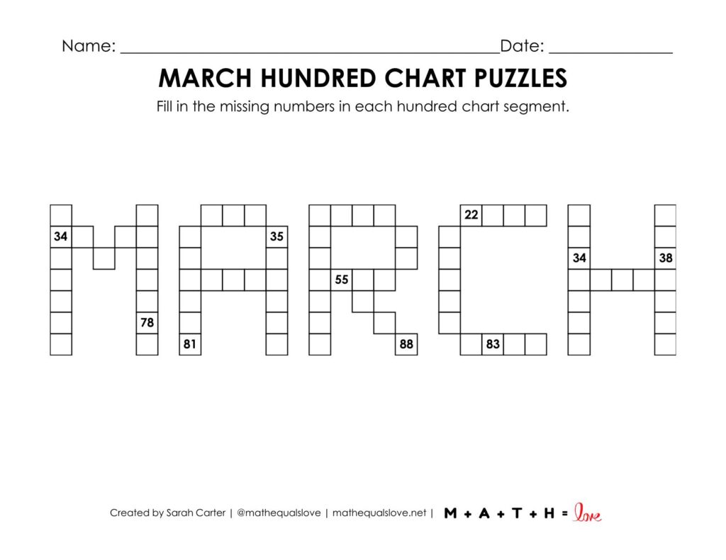 screenshot of march hundred chart puzzle worksheet.