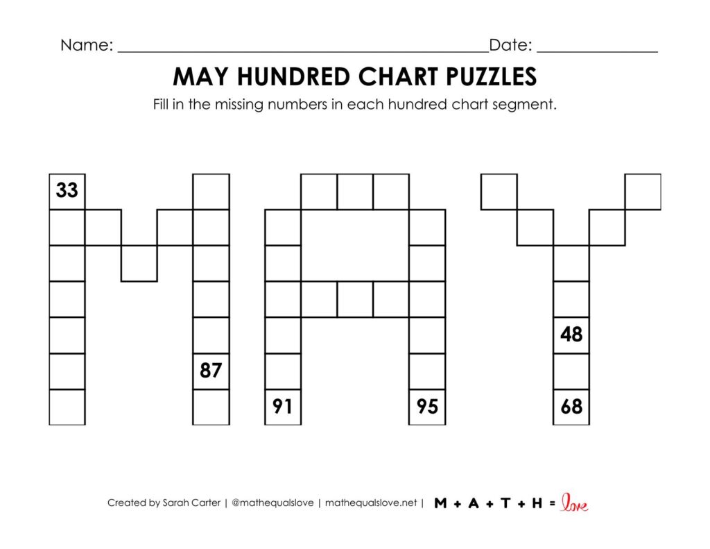 screenshot of may hundred chart math puzzle.