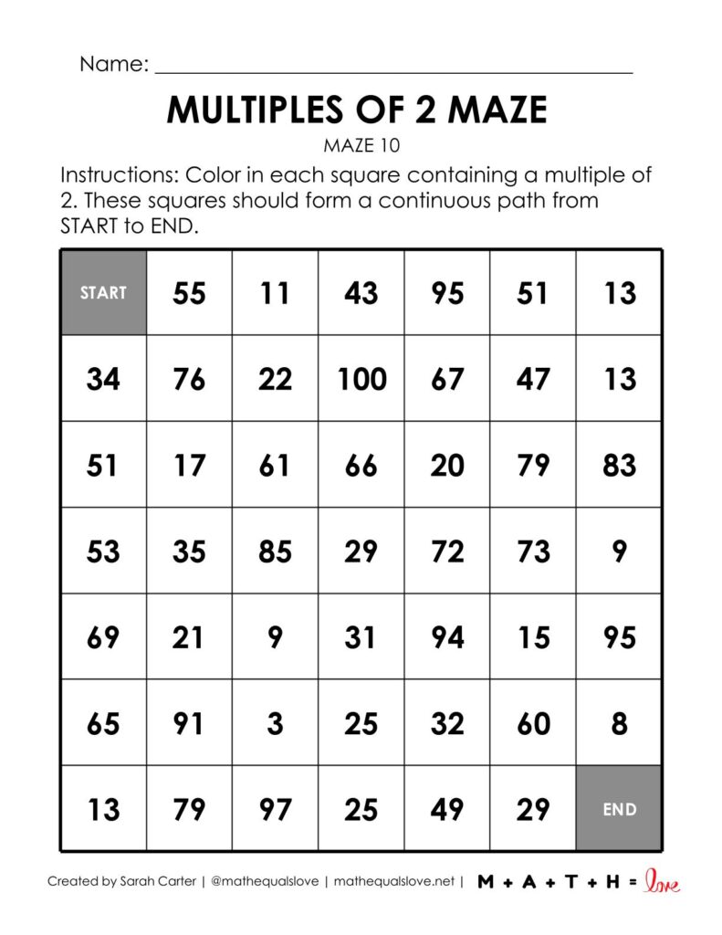 screenshot of multiples of 2 math maze worksheet.