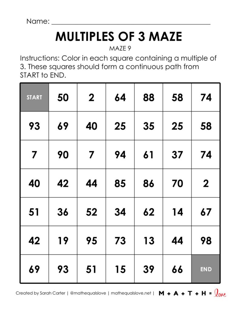 screenshot of multiples of 3 math maze worksheet pdf.
