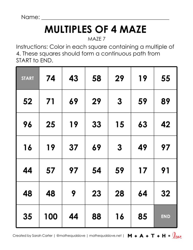 multiples of 4 math maze worksheet pdf.