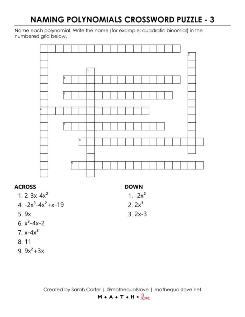 screenshot of naming polynomials crossword puzzle worksheet.