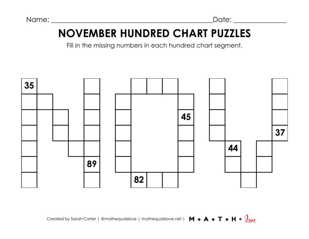 november hundred chart puzzle worksheet.