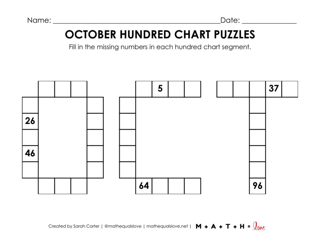 october hundred chart puzzle worksheet.