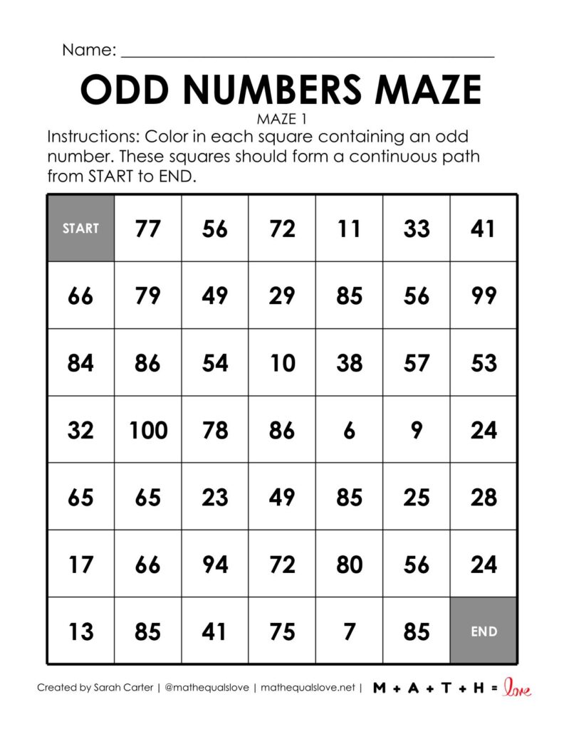 odd numbers math maze worksheet.