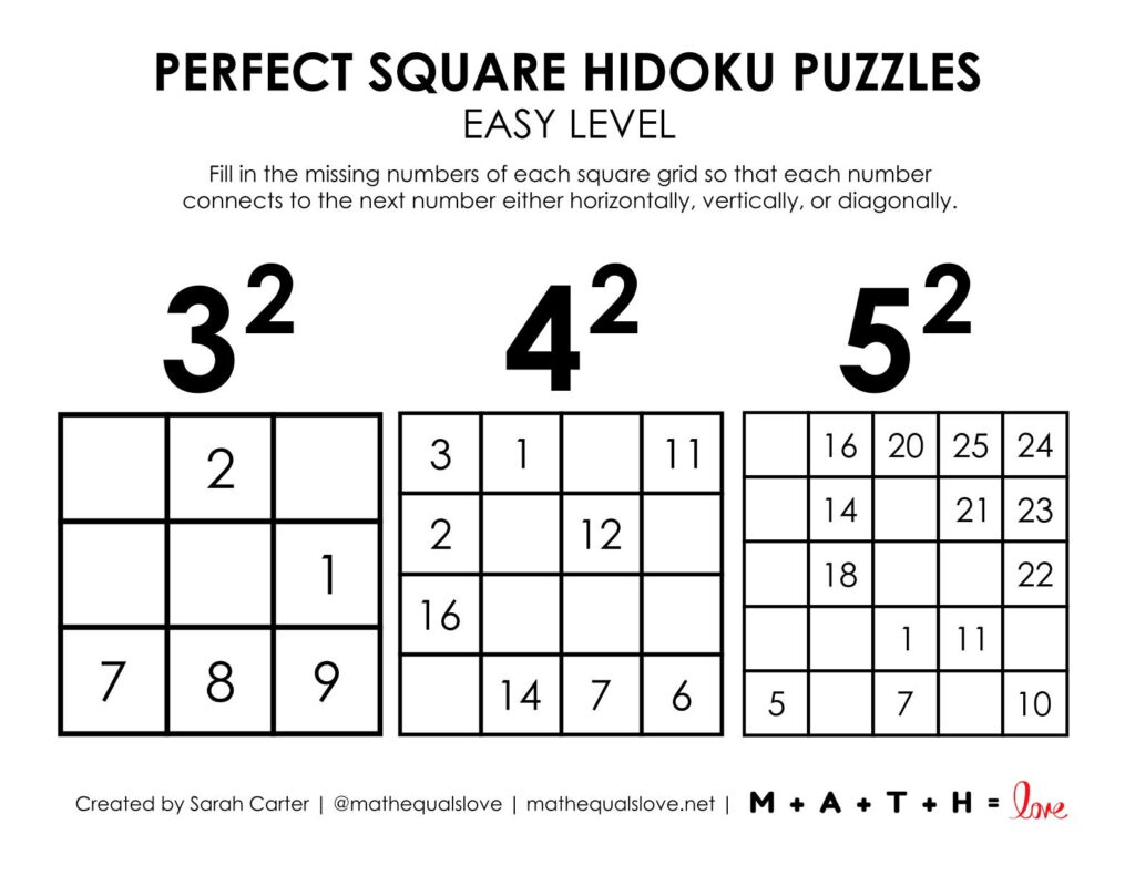 perfect square hidoku puzzles worksheet.