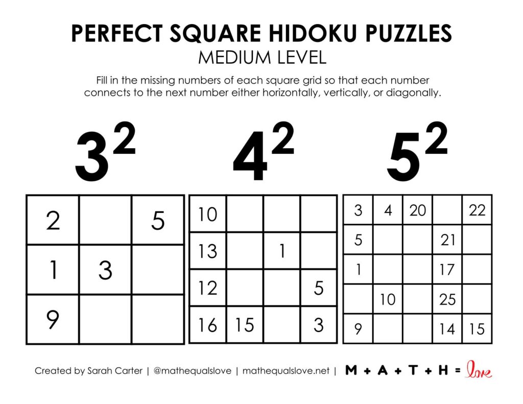 perfect square hidoku puzzles level medium.