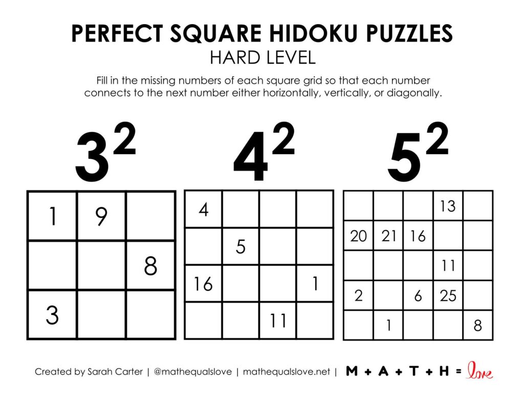 perfect square hidoku puzzles level hard.