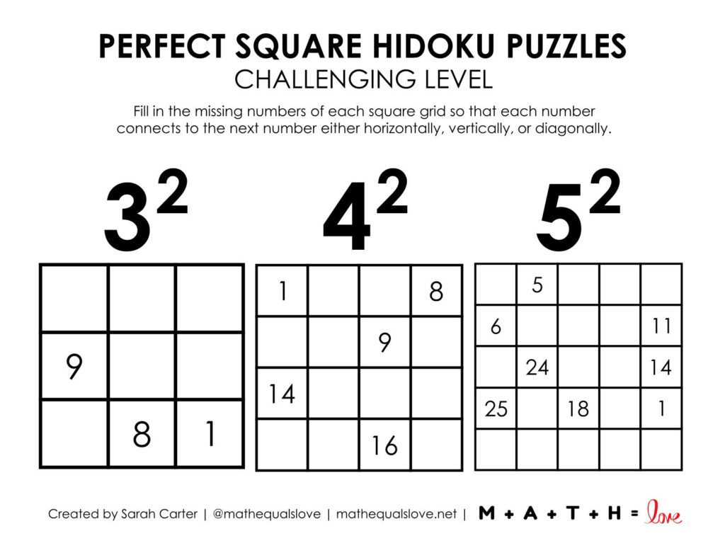 perfect square hidoku puzzles level challenging.
