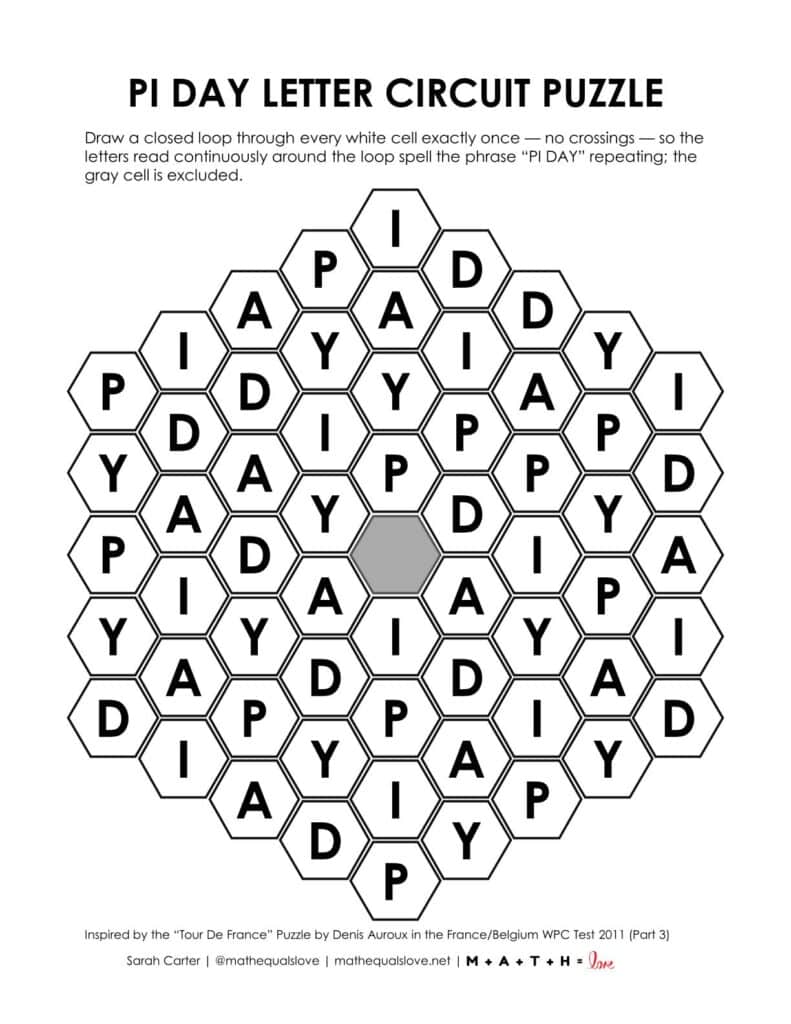 pi day letter circuit puzzle printable.