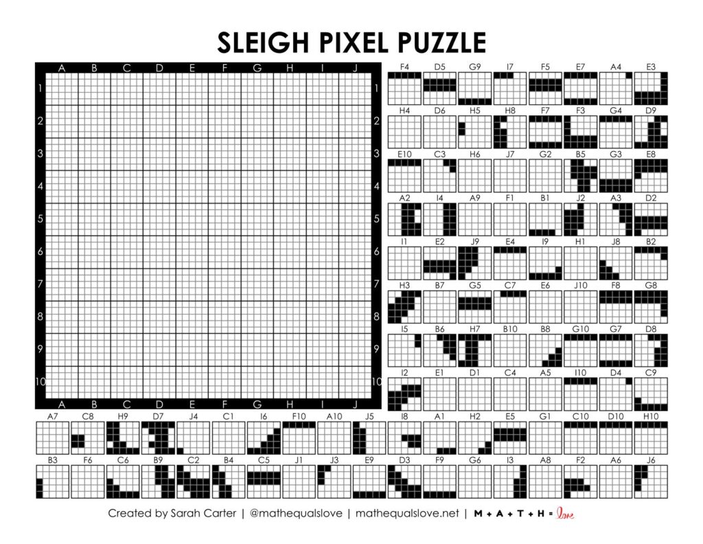 screenshot of christmas winter sleigh pixel puzzle worksheet.